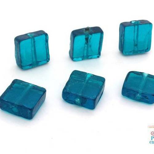 6 perles carrées en verre bleu turquoise foncé transparent 12x12mm (pv667) 