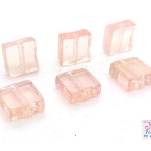6 perles carrées en verre rose pâle transparent 12x12mm (pv286) 