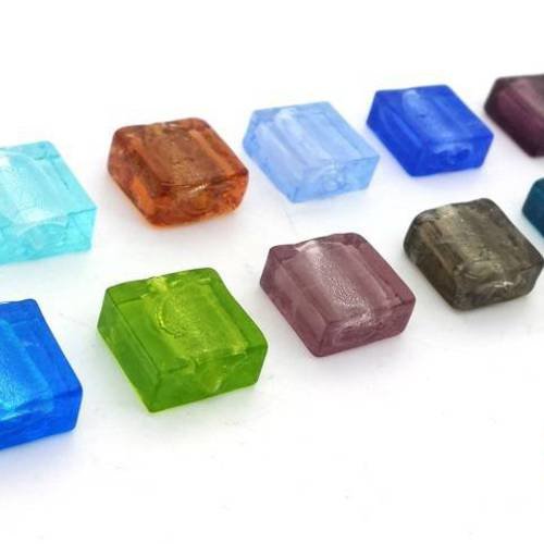 10 perles carrées verre façon murano 11mm multicolore feuille d'argent (pv660) 