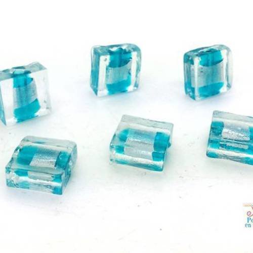 6 perles carrées en verre, bleu turquoise argenté 12mm (pv190) 