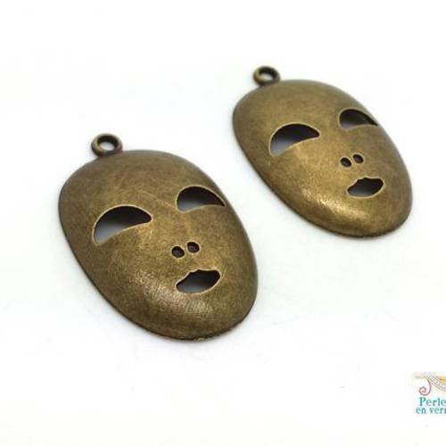 2 grands pendentifs masque venise bronze sans nickel, 23x39mm (bre526) 