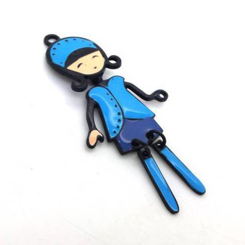 1 pendentif fille poupée articulée, émail bleu et noir 24x58mm (bre510) 