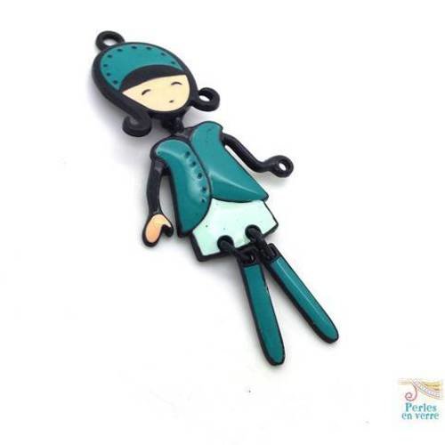 1 pendentif fille poupée articulée, émail vert-bleu et noir 24x58mm (bre511) 