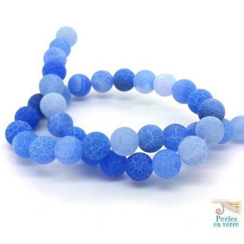 Bleu: 10 perles agate 10mm, veines de dragon, effet craquelé givré (pg215) 