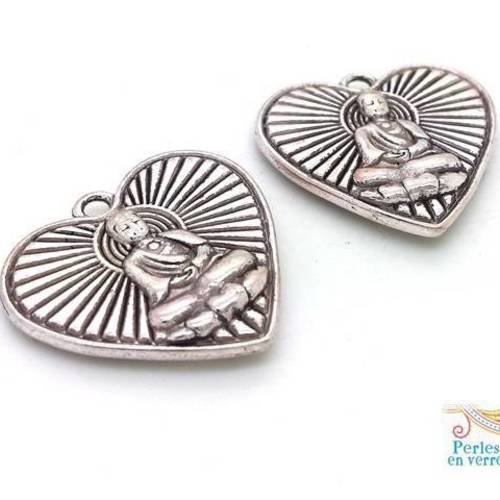 2 breloques pendentifs coeur boudha 23x25mm métal argenté sans nickel (bre499) 