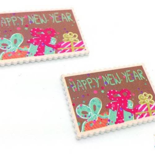 5 timbres en bois happy new year noël scrapbooking 28x40mm (div51) 
