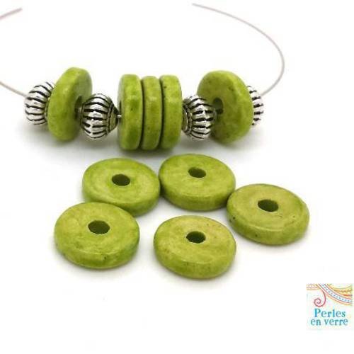 Vert pomme: 10 perles rondelles céramique mate, 2.5x12mm, grèce (pc179) 