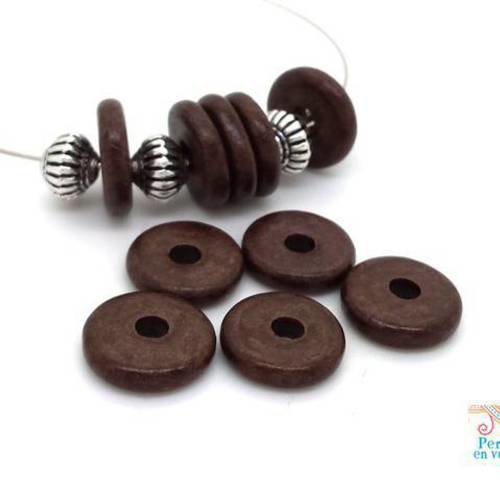 Marron chocolat: 10 perles rondelles céramique mate, 2.5x12mm, grèce (pc182) 