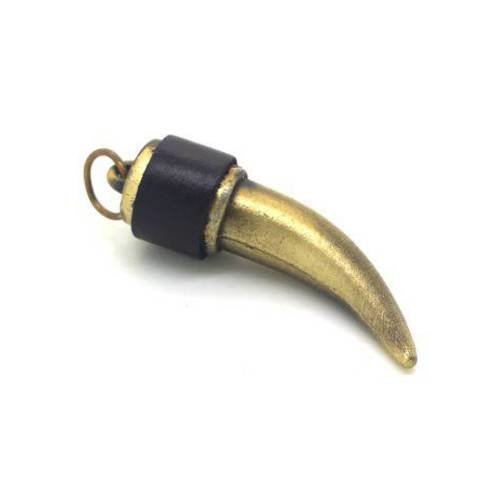 1 grand pendentif dent laiton et cuir, corne bronze 15x50mm (bre474) 