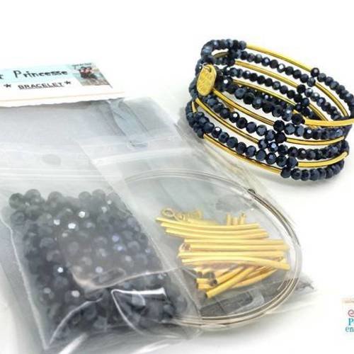 1 kit bracelet wrap diy noir et or, perles en verre, breloques (kit123) 