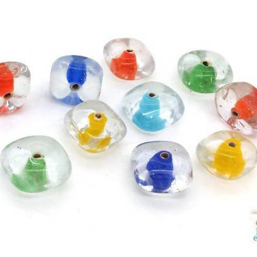 10 perles en verre lampwork artisanat indien, lot multicolore,13x8mm  (pv657) 