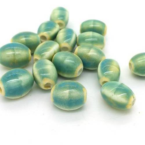 10 perles olives en céramique, bleu / tan, 9x12mm (pc172) 