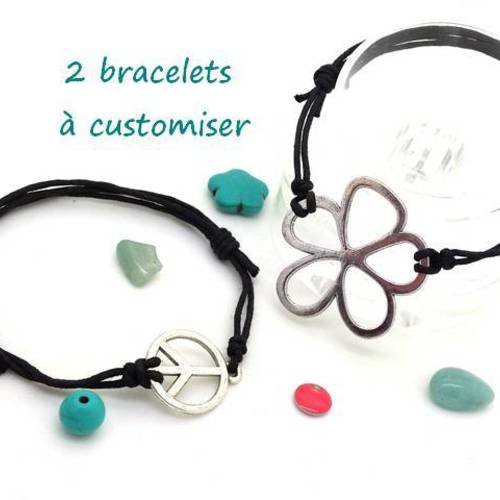 2 bracelets à customiser noeud coulissant cordon noir fleur peace and love(bra35) 