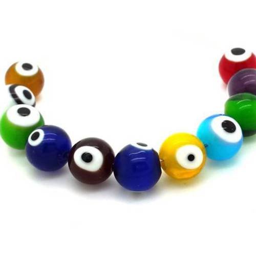 12 perles en verre rondes, "oeil du diable" couleurs mélangées, 10mm, (pv5) 