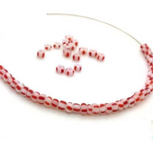 10gr perles rocailles, rayures bicolores rouge et blanc 2x2.5mm (roc35) 