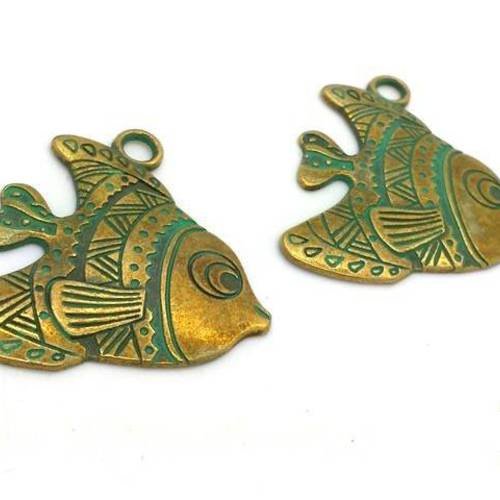 2 breloques poissons, vert de gris bronze or sans nickel 26x31mm (bre439) 