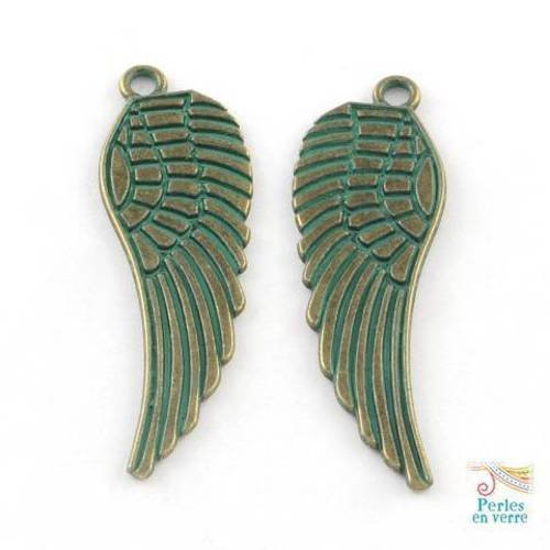 4 breloques ailes d'ange patine vert de gris bronze sans nickel 15x47mm (bre437) 