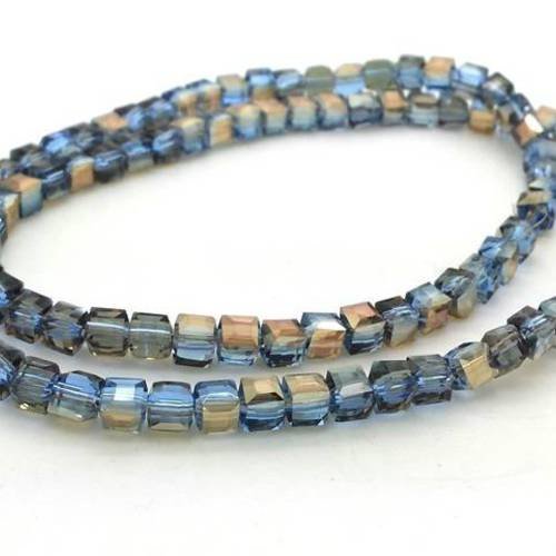 Bleu et or: 20 perles cubes en verre ab à facettes, 4x4mm (pv647) 