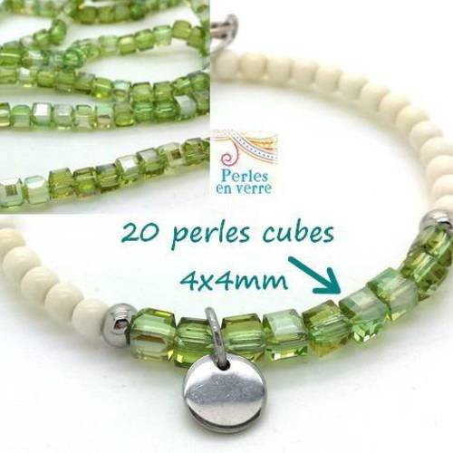 Vert: 20 perles cubes en verre ab à facettes, 4x4mm (pv645) 