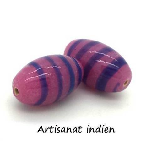 2 grosses perles lampwork16x27mm mauve spirale violette, artisanat indien (pv635) 