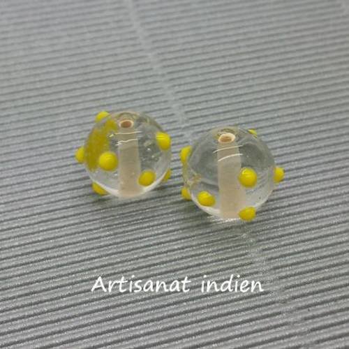 2 perles verre lampwork transparent picots jaunes16mm, artisanat indien (pv637) 