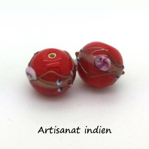 2 grosses perles lampwork rouge brique, artisanat indien, 16x18mm (pv633) 