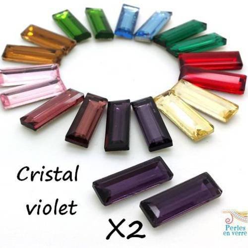 2 cabochons cristal strass violet, à coller ou à sertir, rectangulaires 7x21mm (cab99) 