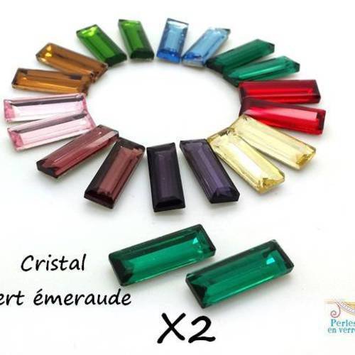 2 cabochons cristal strass vert émeraude, à coller ou à sertir, rectangulaires 7x21mm (cab93) 