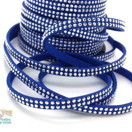 1m ruban suédine bleu roi strass argentés 2 rangs pour bracelet, 5mm (fil115) 