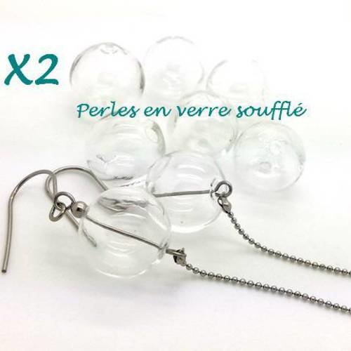2 perles globe en verre soufflé, rondes transparentes diamètre 16mm (pv595) 