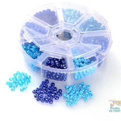 Mix bleu: 1 boîte 150gr perles rocailles 4mm; 8 couleurs différentes 