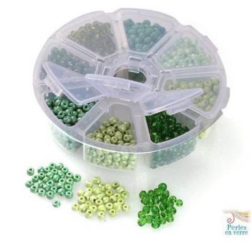 Mix vert: 1 boîte 150gr perles rocailles 4mm; 8 couleurs différentes 