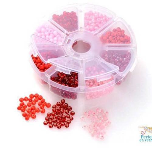 Mix rose rouge orange: 1 boîte 150gr perles rocailles 4mm; 8 couleurs différentes 