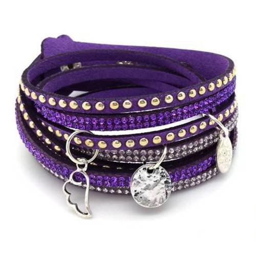 Violet: kit bracelet wrap manchette suédine clous strass or argent + 3 breloques (kit121) 
