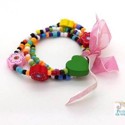 Kit princesse rose! un bracelet/collier rocailles, perles en bois et ruban (kit113) 