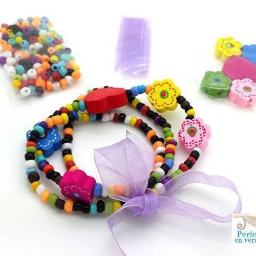 Kit princesse mauve! un bracelet/collier rocailles, perles en bois et ruban (kit111) 