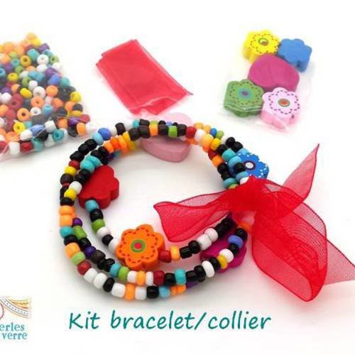 Kit princesse rouge! un bracelet/collier rocailles, perles en bois et ruban (kit114) 