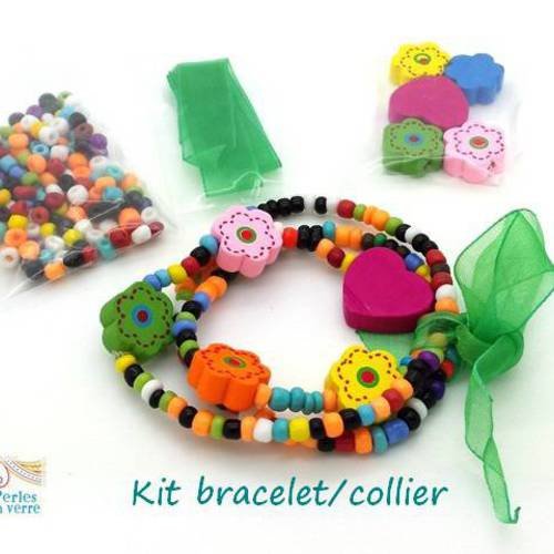 Kit princesse vert! un bracelet/collier rocailles, perles en bois et ruban (kit112) 