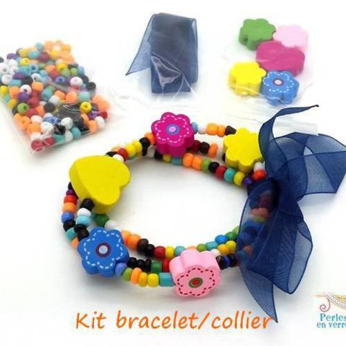 Kit princesse bleu! un bracelet/collier rocailles, perles en bois et ruban (kit110) 
