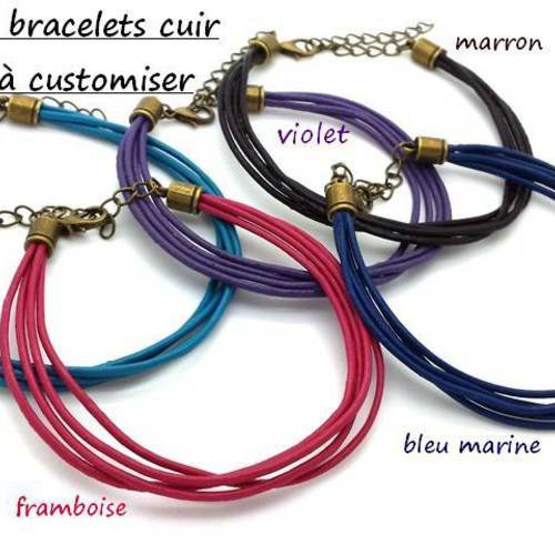 5 bracelets en cuir à customiser, 5 couleurs différentes, fermoir bronze (bra29) 