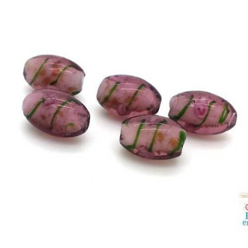 5 perles olives, verre lampwork prune, rose et or, 10x16mm, (pv183) 