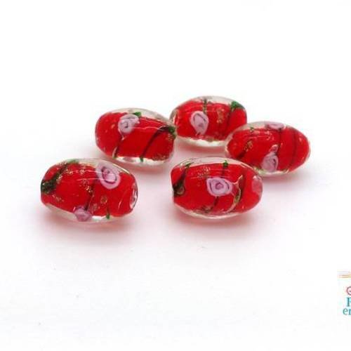 5 perles olives, verre lampwork orange/rouge, rose et or, 10x16mm, (pv181) 