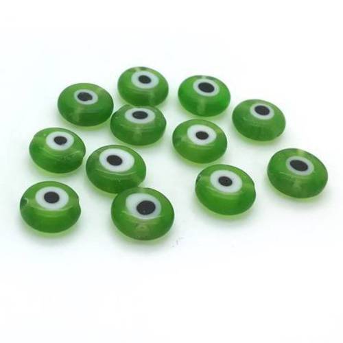 12 perles oeil du diable noir et vert pomme, palets en verre, 8mm, (pv158) 