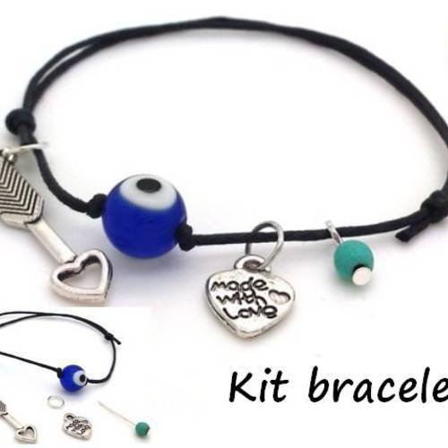 Kit bracelet diy  noir,  perle bleue " oeil du diable" et breloques coeur (kit106) 