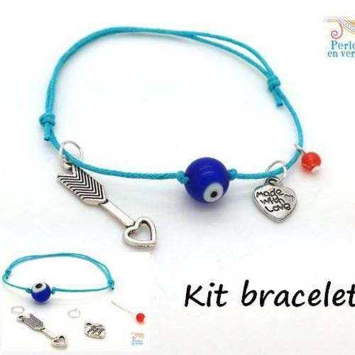 Kit bracelet diy bleu ciel perle "oeuil du diable" et breloques coeur (kit105) 