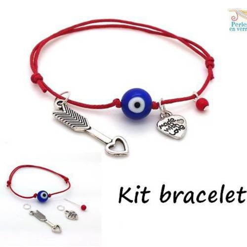 Kit bracelet diy rouge perle "oeil du diable" et breloques coeur (kit104) 
