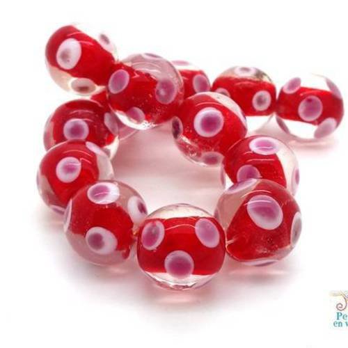 5 grosses perles en verre lampwork, fond orange/rouge à pois roses,15mm (pv322) 