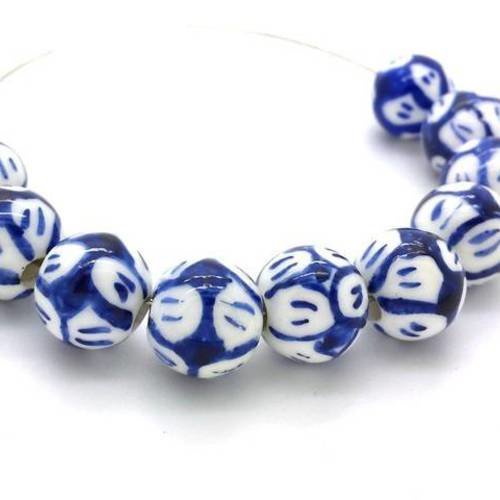 6 perles porcelaine chinoise fleurs bleu/blanc, 10mm  (pc164) 