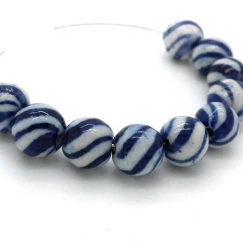 6 perles porcelaine chinoise rayures bleu marine/fond blanc, 10mm  (pc163)