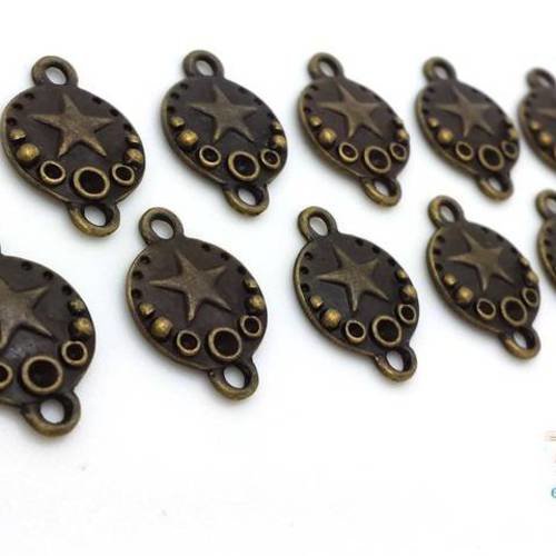10 connecteurs ronds, motif étoile bronze, 16x11mm, (co74) 